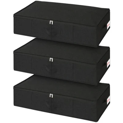 Image of Underbed Storage Box with Lids, 3 Pack Under Bed Side &amp; Bottom Support Handles, Large Foldable Fabric Clothes for Duvets Comforters, 76x38x17cm