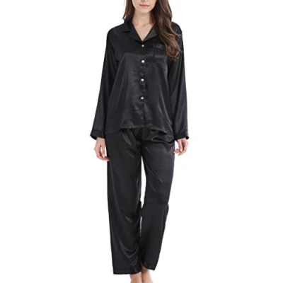 Image of Women’s Pyjama Set Satin Long Sleepwear Nightwear Loungewear (Black, Medium)