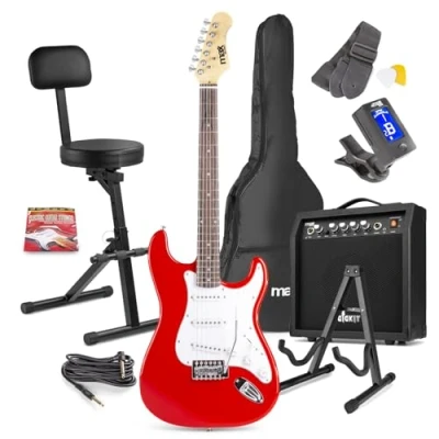 Image of MAX Beginner Electric Guitar Kit Red, 40W Amplifier, Folding Stool, Stand &amp; Accessories, Complete Starter Pack for New Musicians Student Guitarists