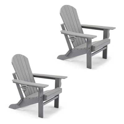 Image of VonHaus Grey Folding Adirondack Chair Set of 2 Foldable Fire Pit for Garden, Patio, Balcony &amp; Outdoors Waterproof HDPE Slatted Firepit Garden with Wide Armrests Sloped Back