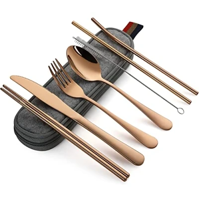 Image of DEVICO Camping Cutlery, Travel Cutlery Set with Case, Portable Stainless Steel Utensils Include Knife Fork Spoon Chopsticks Straws Brush (Rose Gold)