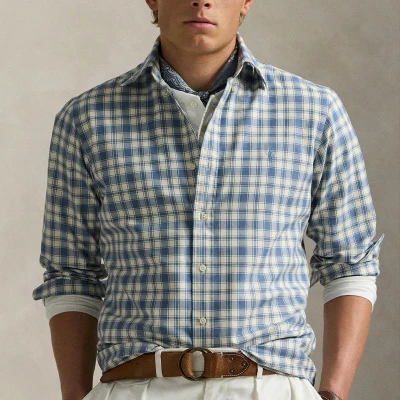 Image of Polo Ralph Lauren Custom FIT Plaid Oxford Shirt Shirt, Men&#039;s, Size: Medium, Blue cream
