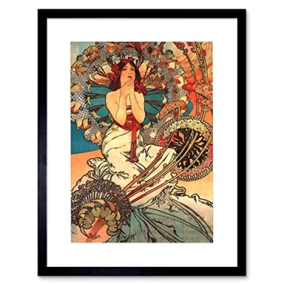 Image of Wee Blue Coo Mucha Art Nouveau Woman Floral Artwork Framed Wall Print 12X16 Inch