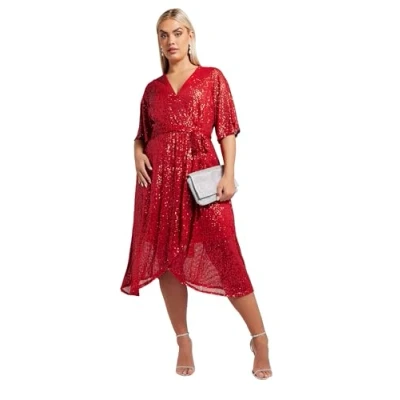 Image of Yours London Curve Sequin Wrap Dress Women&#039;s Plus Size Red