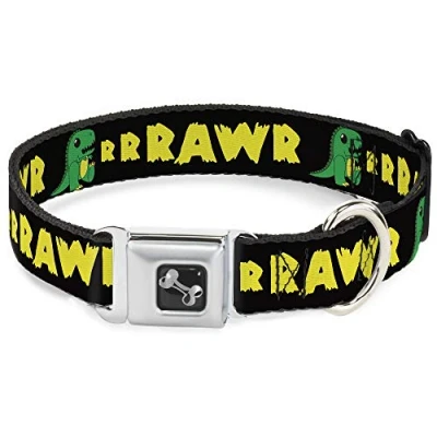 Image of Buckle Down Seatbelt Dog Collar RRRAWR Dinosaur Black/Green/Yellow 1&quot; Wide Fits 9 15&quot; Neck Small