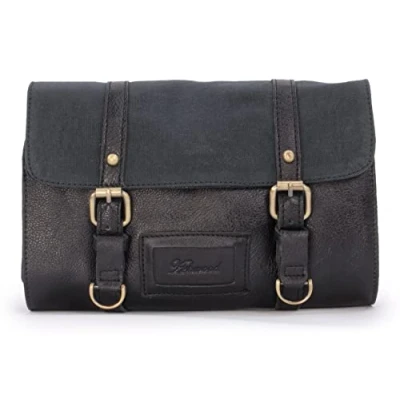 Image of ASHWOOD Men&#039;s Hanging Wash Bag/Shaving Bag/Travel/Gym/Toiletry Bag Genuine Leather and Canvas Hammersmith 7010 Black