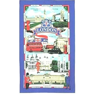 Image of London Landmarks Tea Towel Souvenir Gift Street Names Scenes Blue UK Collage GB