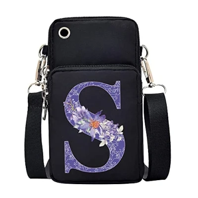 Image of FINDING CASE initial letter Printed Women Girls men Zipper Waterproof Nylon 3 Layers Crossbody Bags Wallet Cellphone Purse Shoulder Bag Wristlet Handbags Adjustable Strap (Purple flower S)