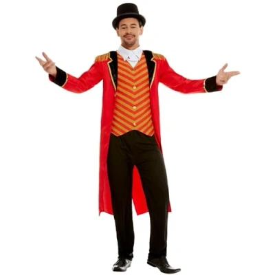 Image of Smiffys Deluxe Ringmaster Costume, Red with Jacket, Mock Shirt &amp; Trousers, Circus Fancy Dress, Adult Dress Up Costumes