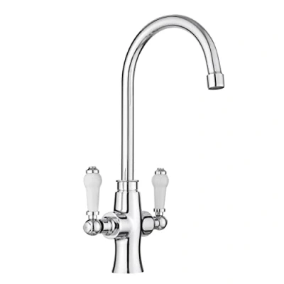 Image of JASSFERRY Traditional Kitchen Mixer Tap Elegant White Ceramic Dual Lever Quarter Turn Monobloc Sink Faucet with Chrome Swivel Spout
