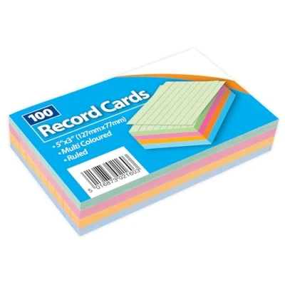 Image of Record Cards, 5x3inch, Multi Coloured, Ruled with Headline, 100 Pack