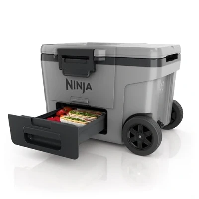 Image of Ninja FrostVault Heavy Duty Insulated Cool Box, Wheeled Premium Cooler with Dry Zone Integrated Fridge Temp Storage Drawer, Keeps Ice for Days, Fits up to 68 Cans, Slate Grey, FB245UKGY