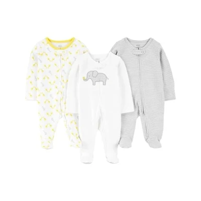 Image of Simple Joys by Carter&#039;s Baby 3 Pack Neutral Sleep and Play Toddler Sleepers, Light Grey Mini Stripes/White Elephant/Giraffe, 6 Months (Pack of 3)