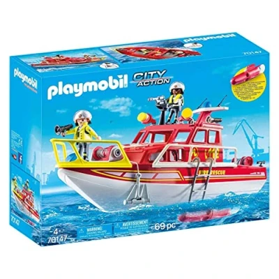Image of Playmobil 70147 City Action Floating Fire Rescue Boat with UnderWater Motor, Fun Imaginative Role Play, PlaySets Suitable for Children Ages 4+