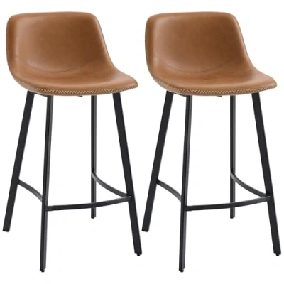 Image of HOMCOM Bar Stools Set of 2, Industrial Kitchen Stool, Upholstered Chairs with Back, Steel Legs, Brown
