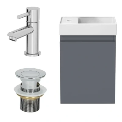 Image of Artis® 400mm Bathroom Vanity Unit Ceramic Wash Sink Wall Hung Storage Cabinet Reversible Soft Close Cupboard &amp; Malmo Basin Mixer Tap Waste Set, Grey Gloss