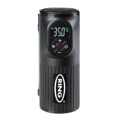 Image of Ring Automotive RTC2000 Digital Rechargeable Cordless Tyre Inflator Air Compressor and Electric Bike Pump with Pressure Gauge Memory LED Light Powerbank Adaptor kit, Black