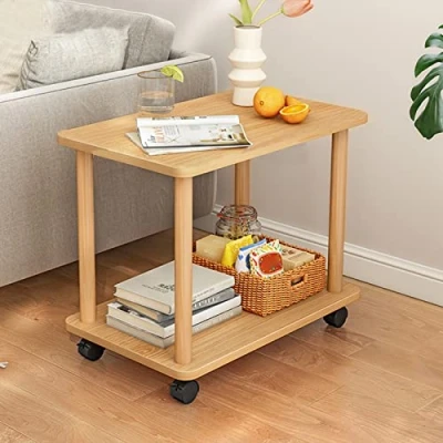 Image of HshDUti Side Table with Wheels, 2 Tier Narrow Night Stand,Wooden End Table, Small Bedside Tabes, Coffee Tables, Tea Sofa for Living Room Bedroom, 23.6x11.8x18.5 Inches