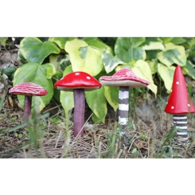 Image of garden Mile Set of 4 Red Mushroom Ornaments Outdoor Toadstool Mini Statues Weatherproof Resin Realistic for Plant Pot Patio Flowerbed decor