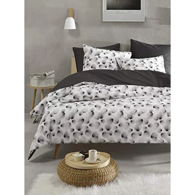 Image of De Witte Lietaer Aileen Bedding Set: Duvet Cover and Pillowcase, Cotton, White/Black, 140 x 220 cm