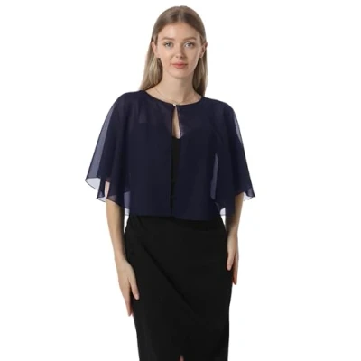 Image of Soft Capelets capes Shawls and Wraps for Dress Chiffon Shrug Wedding Cape Cover Up, Navy, One Size