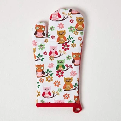 Image of HOMESCAPES Pure Cotton Oven Glove Owls Red Blue 18 x 32 cm Fully Coordinated Washable Kitchen Linen