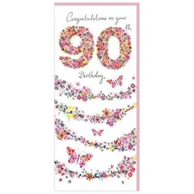 Image of Age 90 Birthday Card (PR DYP220) 90th Floral &amp; Butterflies From The Daisy Patch Range Foiled Finish