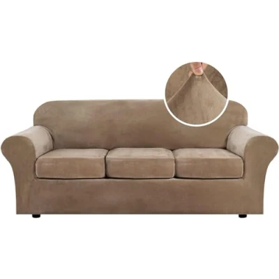 Image of LINGKY Velvet Sofa Cover 3 Seater With Separate Seat Cushion Covers, Stretch Couch Non Slip Slipcovers for Living Room Furniture Protector (Camel,3 Seater)