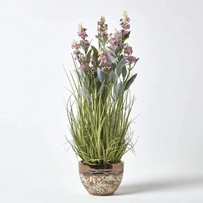 Image of HOMESCAPES Pink Artificial Lavender Plant with Long Realistic Green Leaves Potted In a Brown &amp; White Ceramic Bowl, 66cm Tall for Indoor Decoration