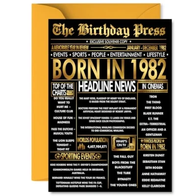 Image of Gold 43rd Birthday Card for Men Women Black &amp; Golden Newspaper Born in 1982 Happy 43 Cards Nephew Sister Son Neighbour Cousin Daughter, 5x7 Inch Bday Greeting