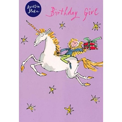 Image of Greeting Card (WDM1485) Girl&#039;s Birthday Quentin Blake Girl on a Unicorn