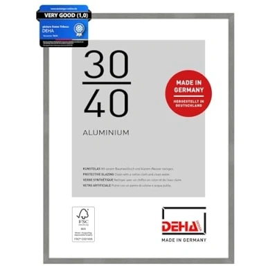 Image of DEHA Design Tribeca Photo Frame 30x40cm, Aluminium Picture Frame, Grey with Protective Acrylic Glazing and Push Turn Clips Brushed Frosted