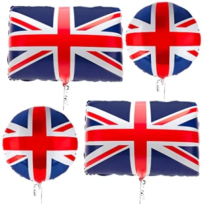Image of Toyland® 4 x Union Jack Foil Balloons Party Bundle 2 Round 18&quot; &amp; Large Flag 22&quot; British Decorations