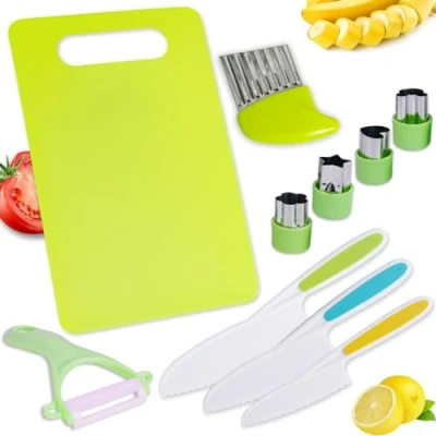 Image of LANMANUO Kids Knife for Chopping 10 Pieces Kitchen Set Toddler Plastic Children Cooking Knives with Potato Slicer, Cutting Board, Peeler