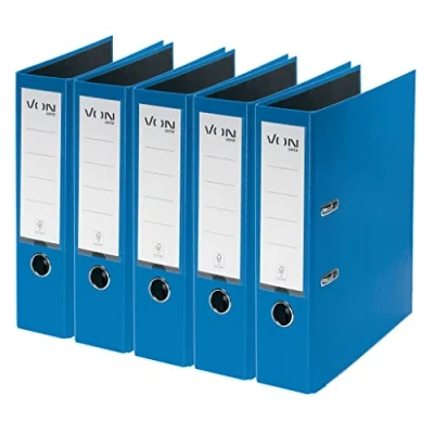 Image of VON Leitz Pack of 5 A4 Folders, Cardboard with Plastic Cover, 80 mm Spine Width, for 600 Sheets, FSC Certified Cardboard, School, Study &amp; Home, Blue, 10551035