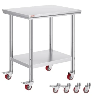 Image of VEVOR Stainless Steel Catering Work Table 30x24 Inch Commercial with 4 Wheels Food Prep Workbench Flexible Adjustment Shelf for Kitchen