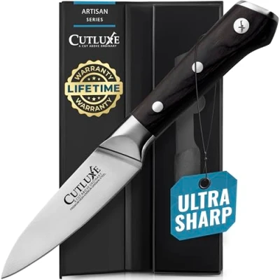 Image of Cutluxe Paring Knife 3.5&quot; Small Kitchen Knife, Peeling with Razor Sharp Blade Forged High Carbon German Steel Full Tang &amp; Ergonomic Handle Design Artisan Series