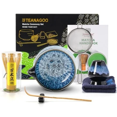 Image of TEANAGOO 7 Pcs Matcha Whisk Set,Matcha Set for Ceremony,Matcha Kit Junware Blue,Matcha Tea Making Breakfast/Latte,Ceramic Bowl(chawan) Whith Spout and Whisk,Gift Lover