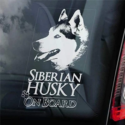 Image of Siberian Husky on Board Car Sticker Huskie Sled Dog Sign Decal Vinyl Window Bumper Stickers Die Cut Decals Present