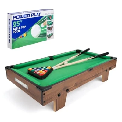 Image of Power Play Pool Table Game, Portable Wooden Classic Games Table, Indoor Outdoor Game for Kids and Adults, Brown 25inch