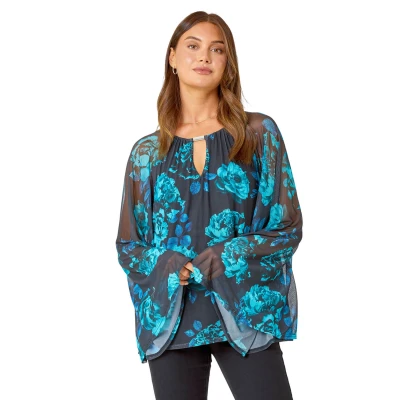 Image of Roman Originals Floral Print Mesh Stretch Top for Women UK Ladies Everyday Autumn Winter Round Neckline Comfy Soft Evening Vacation Work Party Night Out Blue Size 12