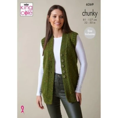 Image of King Cole Chunky Knitting Pattern 6269 Ladies Waistcoat &amp; Capped Sleeve Cardigan