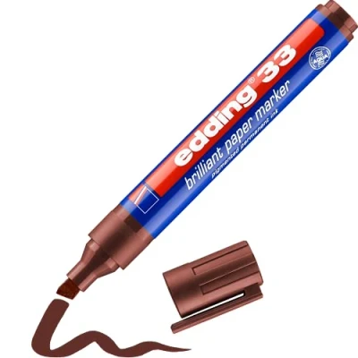 Image of edding 33 brilliant paper marker brown 1 waterproof permanent chisel nib 5 mm vibrant colours lightfast marking on paper, card, cardboard, plastic, metal and glass