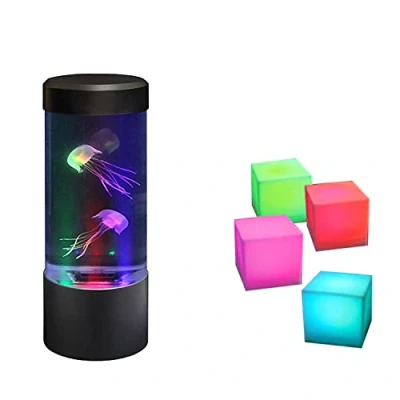 Image of Playlearn Sensory Light Up Toy Set 1 x Mini Fake Jellyfish Aquarium Mood Lamp Tank &amp; Colour Changing Blocks (Pack 4)