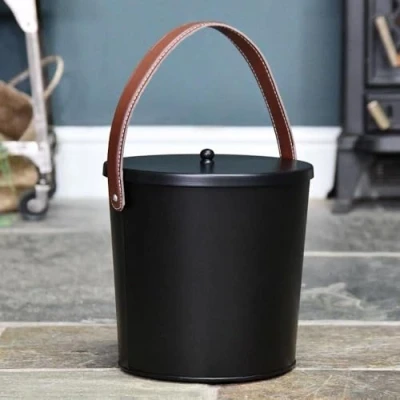Image of Modern Black With Leather Handle Ash Bucket 25cm