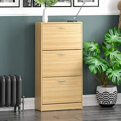 Image of Vida Designs 3 Drawer Shoe Cabinet Cupboard Storage Organiser Pull Down Wooden Hallway Furniture Unit, Pine