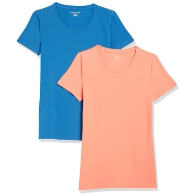 Image of Amazon Essentials Women&#039;s Classic Fit Short Sleeve Crewneck T Shirt, Pack of 2, Blue/Coral Orange, S
