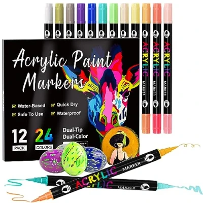 Image of TrendGate 24 Colours, Pack of 12 Acrylic Pens for Stones, Waterproof, Double Tips, Colour Pens, Stones Painting, Wood, Canvas, Glass, Paper, Ceramic, Easter Eggs,