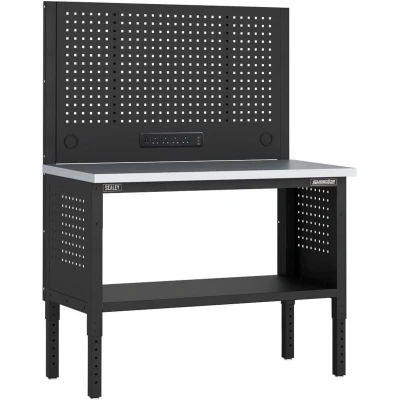 Image of Superline Pro Modular Workbench with Pegboard Back Panel Stainless Steel Worktop 1265mm