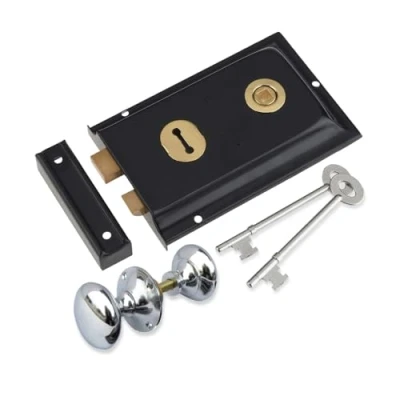 Image of Haven Heritage 6&quot; x 4&quot; Rim Lock Black Brass + Knob Chrome Secure Key and Door Locks for External Internal Doors, Shed Garden Set Enhanced Home Security